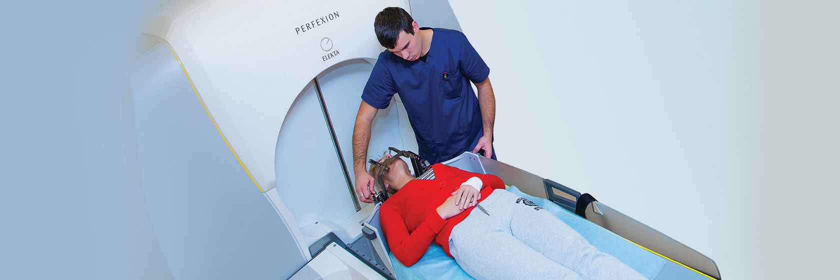 The operator prepares the patient for the treatment of head pathologies at the Gamma Knife